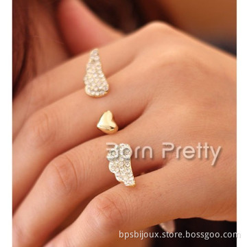 1pc Fashion Ring Dazzling Rhinestones Wings Heart Double Finger Ring Metal Opened Ring